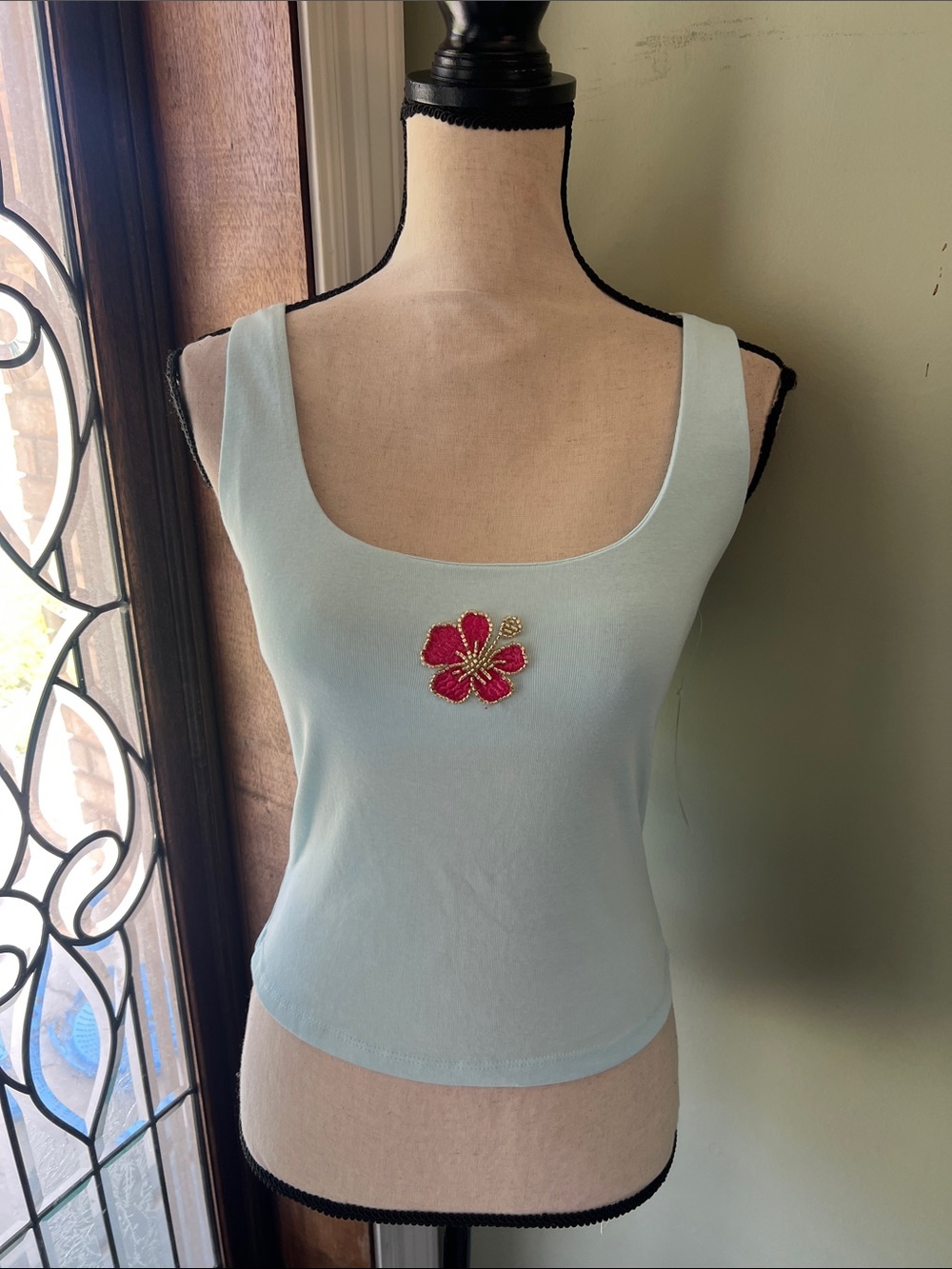 No Boundaries Light Blue Tank with Pink & Gold Floral Applique